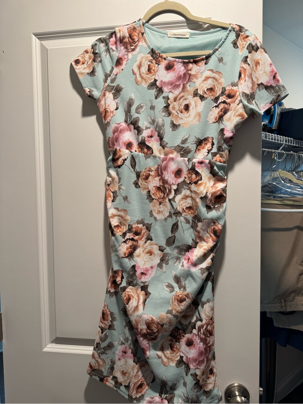 Floral Pastel Sheath maternity Dress - Mint with Pink & Beige Roses